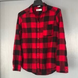 Hollister Flannel Women's XS Boyfriend Fit Buffalo Plaid Long Sleeve Button Red